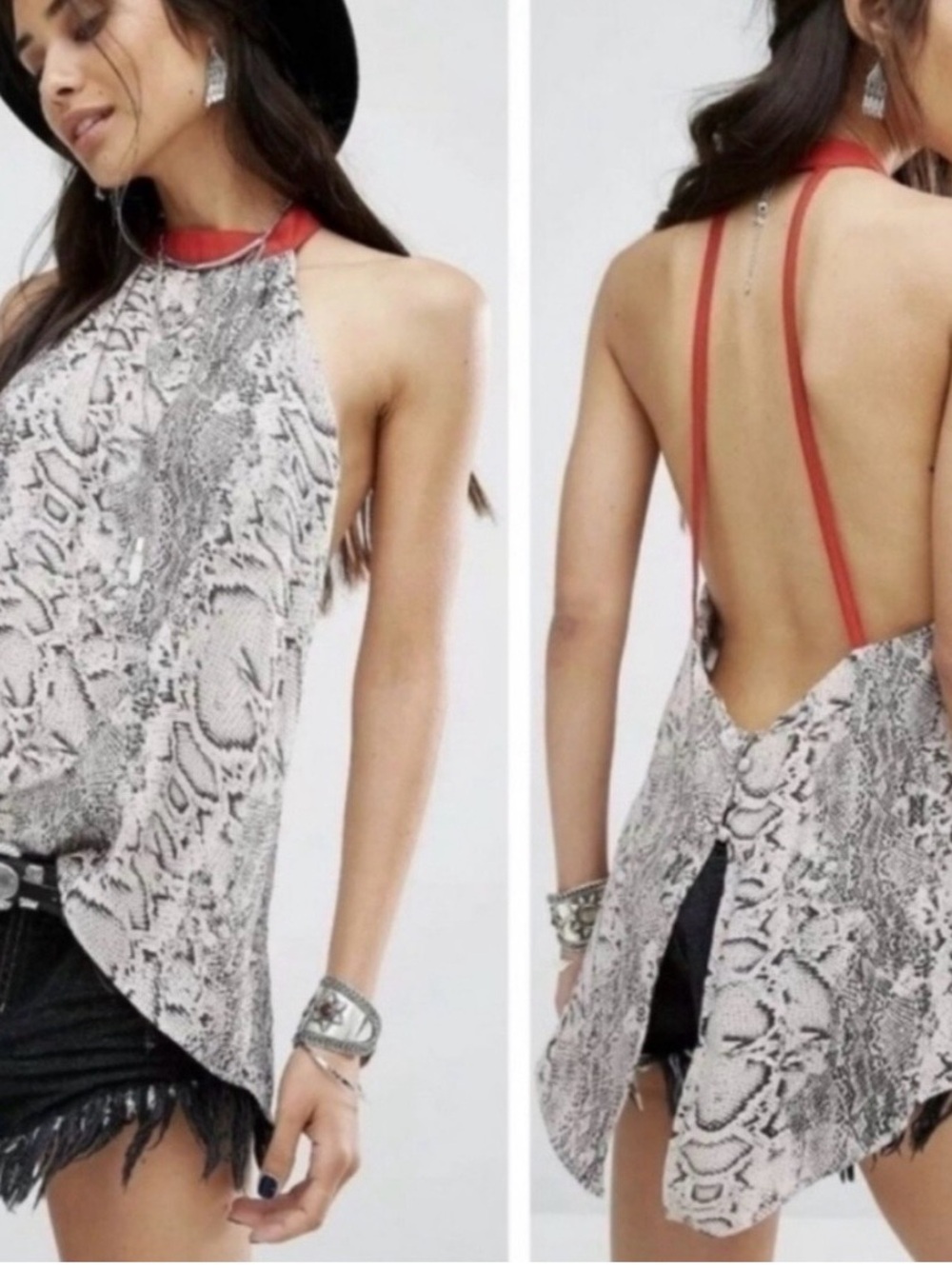 Free People Snake-Print Halter Crop Top with Red Trim